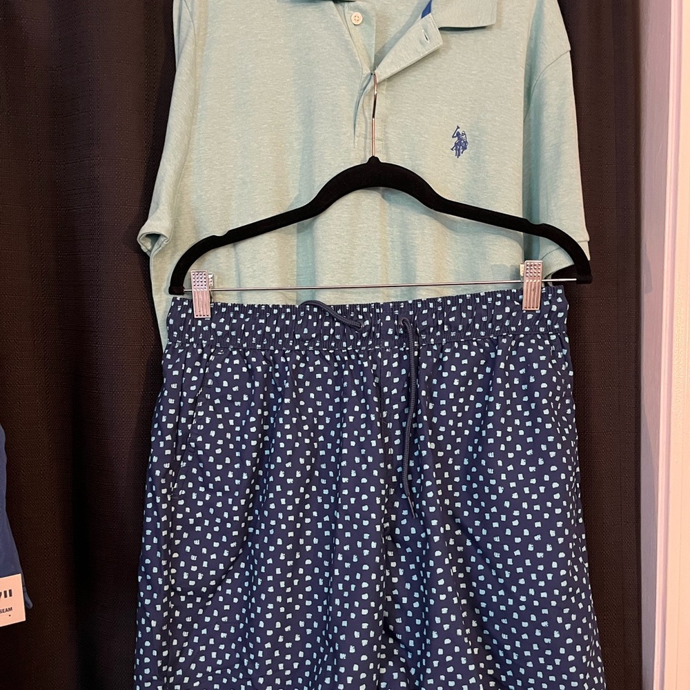 Mint Green Polo Shirt and Navy Polka Dot Shorts